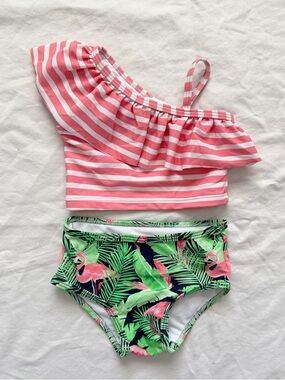 Ruffle Butts Pink Striped One-Shoulder Ruffle Bikini with Flamingo Print Bottoms